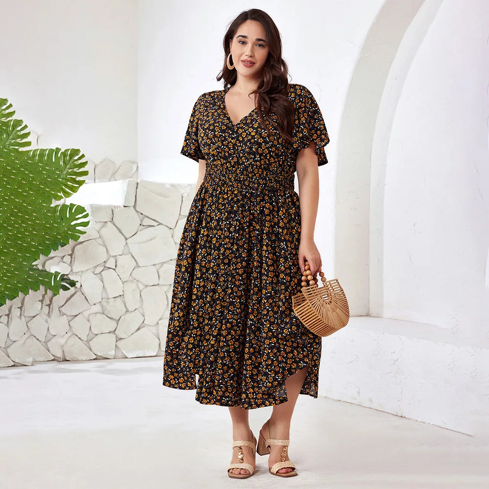Plus Size Boho Floral Maxi Dress with Pockets