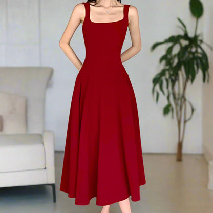 Women's A-Line Midi Dress – Vintage Square Collar, Sleeveless Party Dress