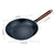 Black frying pan with wooden handle and measurements on a white background