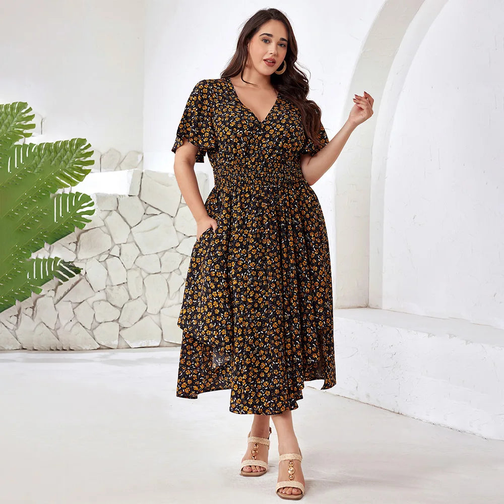 Plus Size Boho Floral Maxi Dress with Pockets