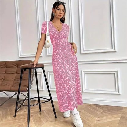 Women’s Autumn V-Neck Slim-Fit Floral Dress – Short Sleeve A-Line Commuter Style