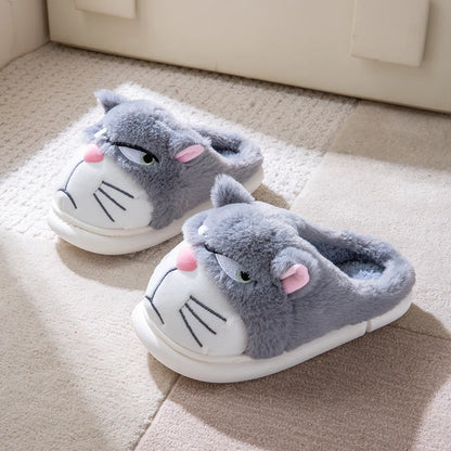 Women's Cat Plush Winter Slippers Indoor Furry House Shoes with Embroidered Face