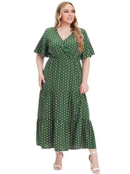 Plus Size Polka Dot V-Neck Boho Maxi Dress