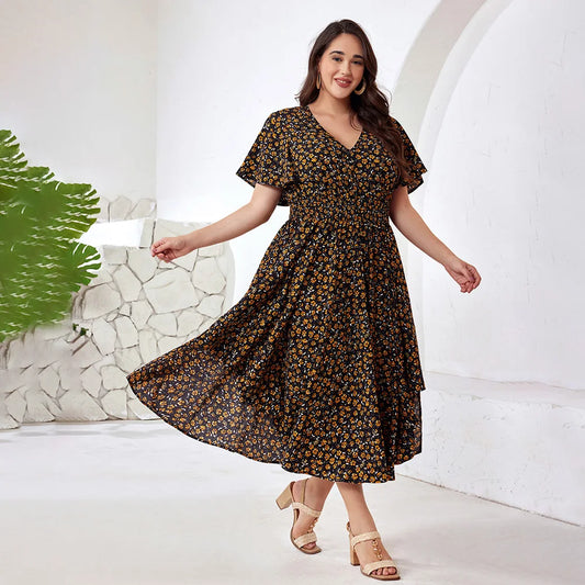 Plus Size Boho Floral Maxi Dress with Pockets