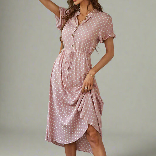 Ladies Polka Dot Print Shirt Dress – Casual Summer Midi Sundress
