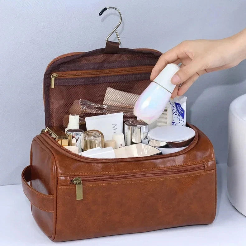 Leather Toiletry Bag Hanging Travel Dopp Kit, Water-Resistant Cosmetic Organizer