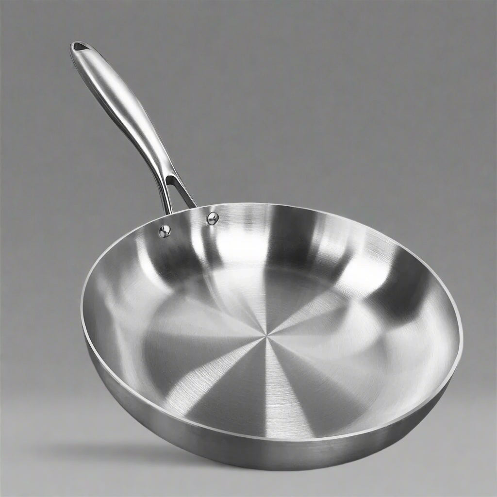 A 304 stainless steel frying pan with a long handle, displayed on a white background, indicating it is a non-stick skillet suitable for gas and induction cookers.