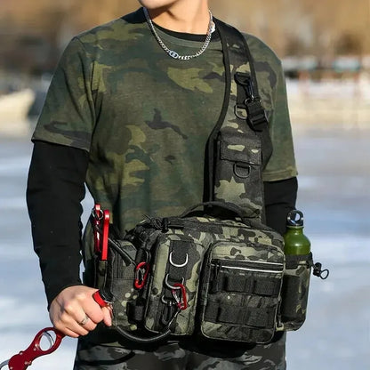 Fishing Tackle Sling Backpack – Fishing Gear Storage Bag with Rod Holder Storage