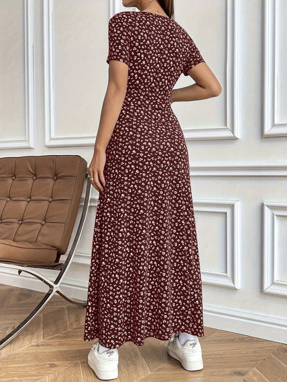 Women’s Autumn V-Neck Slim-Fit Floral Dress – Short Sleeve A-Line Commuter Style