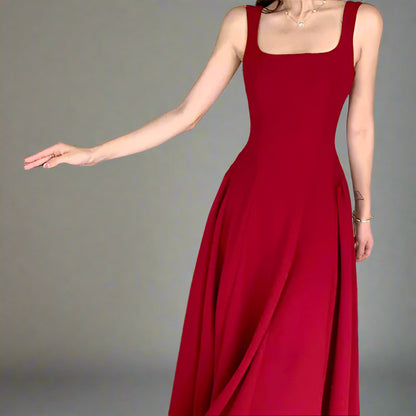 Women's A-Line Midi Dress – Vintage Square Collar, Sleeveless Party Dress