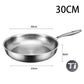 Stainless steel frying pan with dimensions labeled on a white background