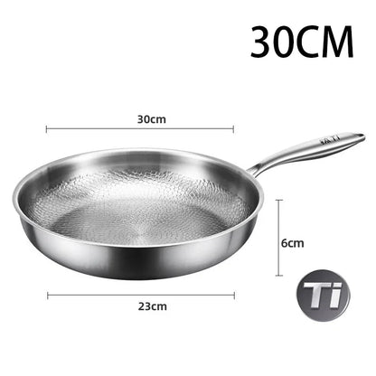 Stainless steel frying pan with dimensions labeled on a white background