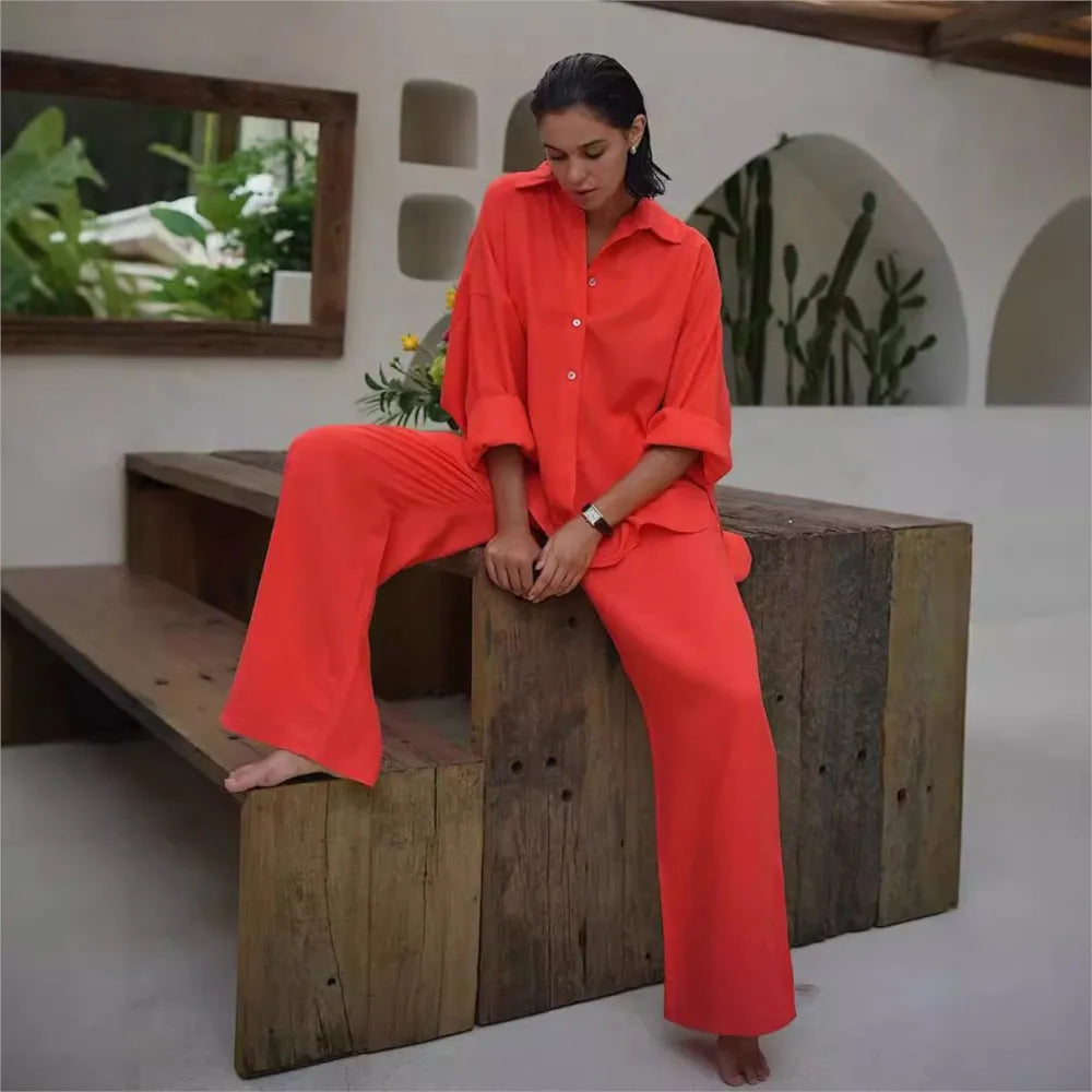 Women’s Cotton Shirt & Wide-Leg Pants Set – Casual Office Style for Spring/Summer
