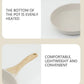 Product description card with text and images of a pot and wooden spoon on a beige background.