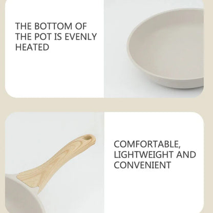 Product description card with text and images of a pot and wooden spoon on a beige background.
