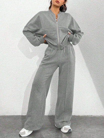 Women’s Casual Matching Tracksuit Set – Zipper Cardigan & Wide-Leg Drawstring Pants