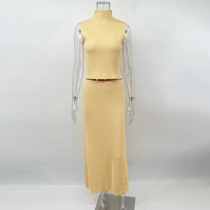Elegant Knitted Two-Piece Set – Sleeveless Turtleneck Vest & High Waist Skirt