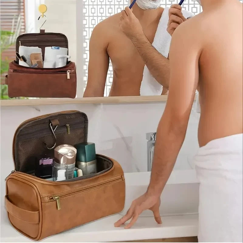 Leather Toiletry Bag Hanging Travel Dopp Kit, Water-Resistant Cosmetic Organizer