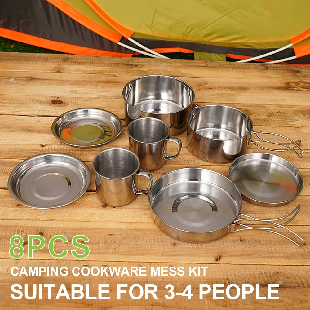 8-Piece Stainless Steel Camping Cookware Set for Outdoor Cooking Dealprice.co.uk