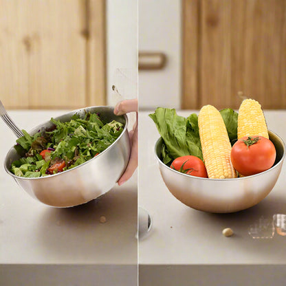 Two images showing a metal bowl with salad and another with vegetables and noodles.
