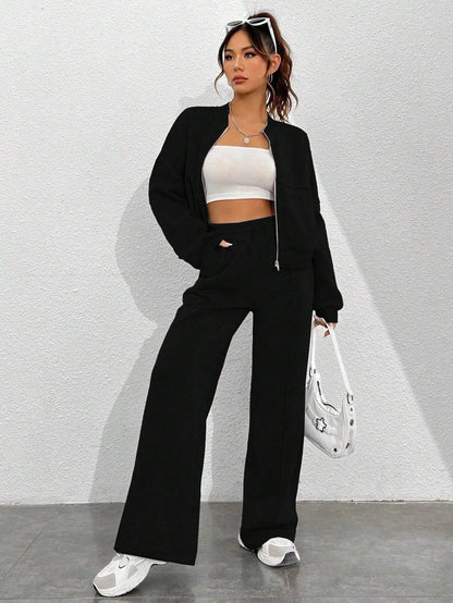 Women’s Casual Matching Tracksuit Set – Zipper Cardigan & Wide-Leg Drawstring Pants