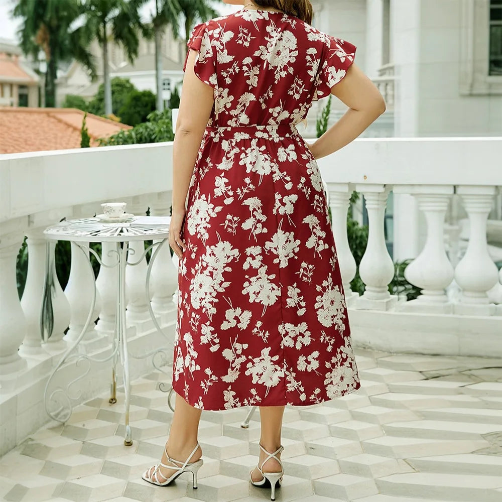 Plus Size Boho Floral V-Neck A-Line Midi Dress