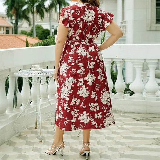 Plus Size Boho Floral V-Neck A-Line Midi Dress