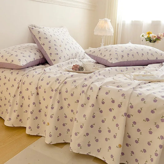 100% Cotton Floral Bed Sheet Set – Ultra Soft Pink/Purple Blossom Print