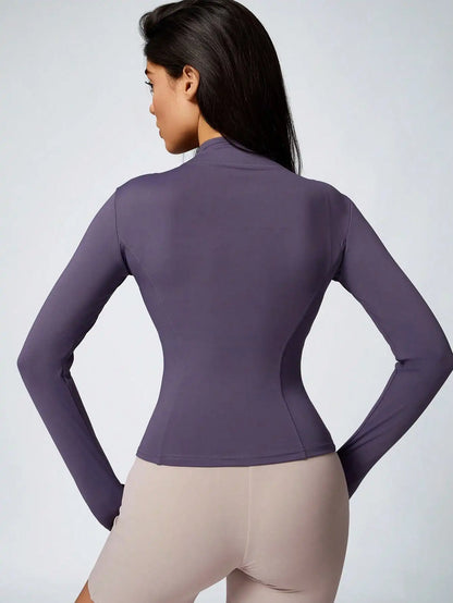 Women’s Zip-Up Sports Jacket – Slim Fit Turtleneck Long Sleeve Activewear Top