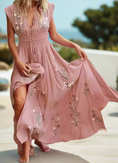 Women's Bohemian Print Summer Maxi Dress – V-Neck, Sleeveless, Beach Style