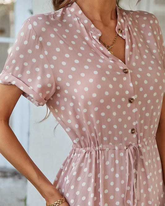 Ladies Polka Dot Print Shirt Dress – Casual Summer Midi Sundress