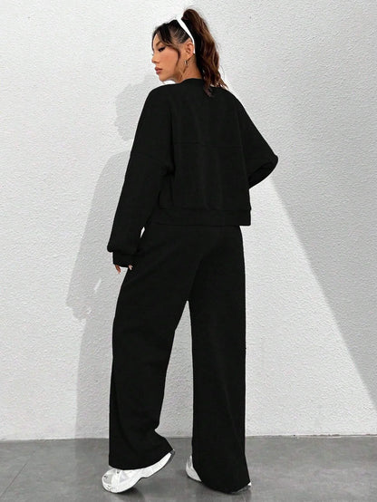 Women’s Casual Matching Tracksuit Set – Zipper Cardigan & Wide-Leg Drawstring Pants