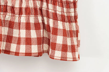 Women’s Summer Plaid Two-Piece Set – Strapless Button Crop Top & A-Line Skirt