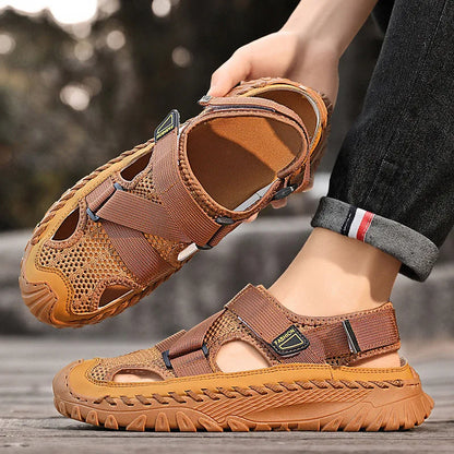 Men’s Outdoor Leather Sandals – Breathable Mesh, Rugged Grip, All-Day Comfort