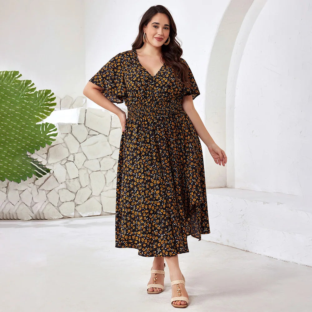 Plus Size Boho Floral Maxi Dress with Pockets