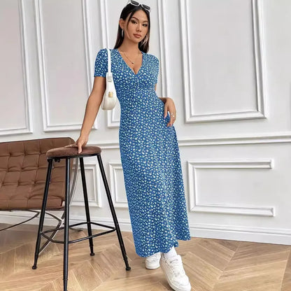Women’s Autumn V-Neck Slim-Fit Floral Dress – Short Sleeve A-Line Commuter Style