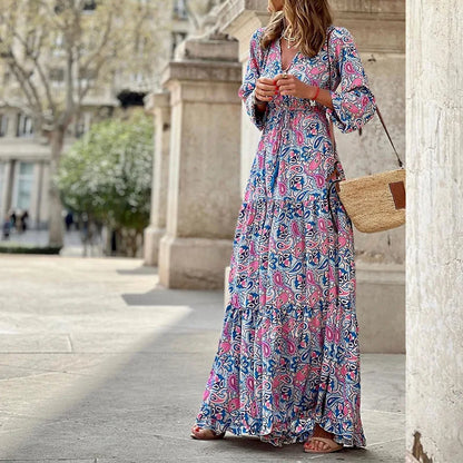 Women's Autumn Bohemian Printed Dress – V-Neck, Long Sleeve, High Waist Casual Style