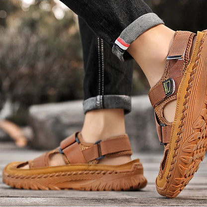 Men’s Outdoor Leather Sandals – Breathable Mesh, Rugged Grip, All-Day Comfort