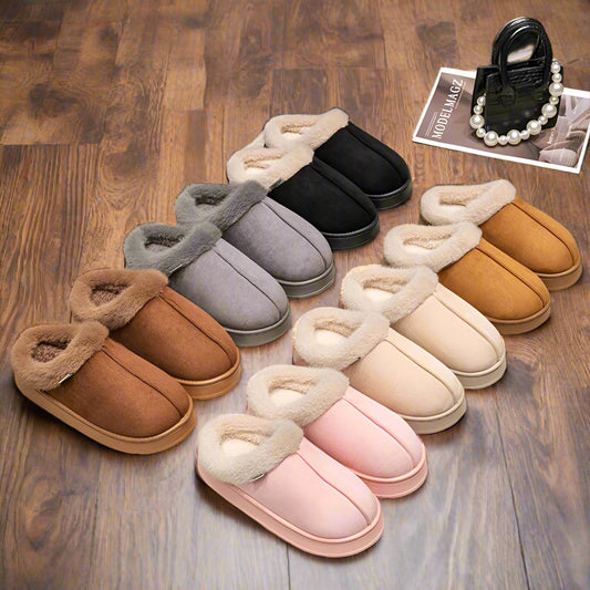 Winter Indoor Slippers Thick Sole Faux Suede Anti-Slip House Shoes Plush Lining