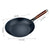 Black frying pan with wooden handle and dimensions labeled on a white background