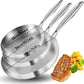 Set of three stainless steel measuring cups shown with a steak and vegetables on a white background.