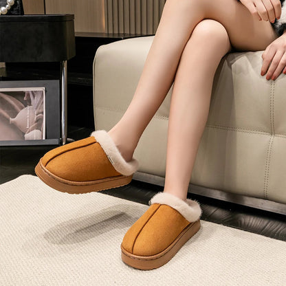 Winter Indoor Slippers Thick Sole Faux Suede Anti-Slip House Shoes Plush Lining