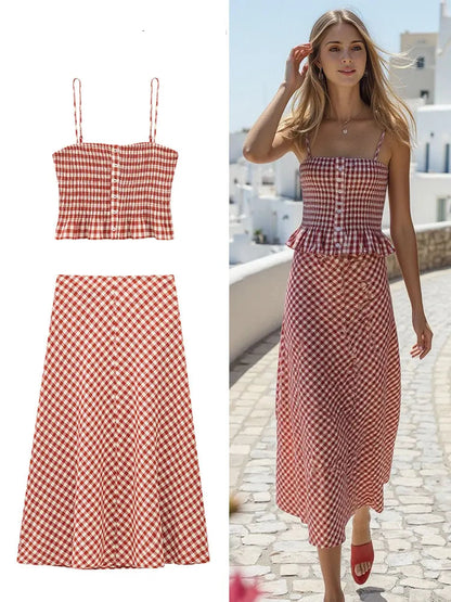Women’s Summer Plaid Two-Piece Set – Strapless Button Crop Top & A-Line Skirt