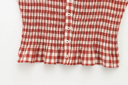 Women’s Summer Plaid Two-Piece Set – Strapless Button Crop Top & A-Line Skirt