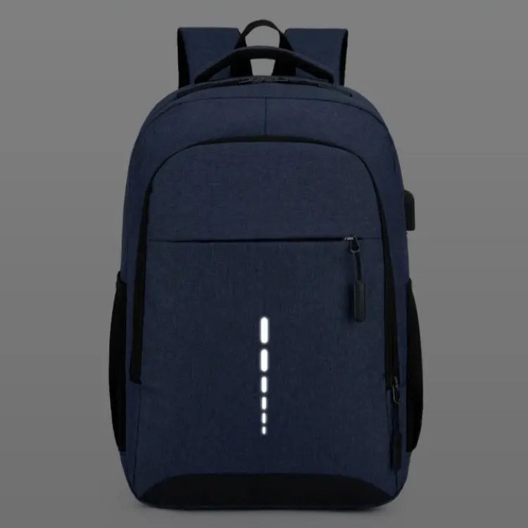 Navy blue backpack with safety reflective strip on a gray background