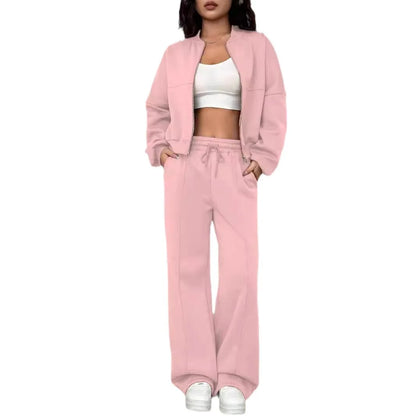 Women’s Casual Matching Tracksuit Set – Zipper Cardigan & Wide-Leg Drawstring Pants