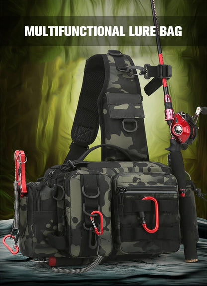 Fishing Tackle Sling Backpack – Fishing Gear Storage Bag with Rod Holder Storage