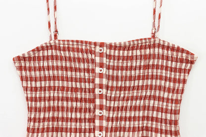 Women’s Summer Plaid Two-Piece Set – Strapless Button Crop Top & A-Line Skirt