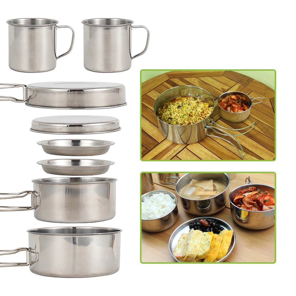 8-Piece Stainless Steel Camping Cookware Set for Outdoor Cooking Dealprice.co.uk