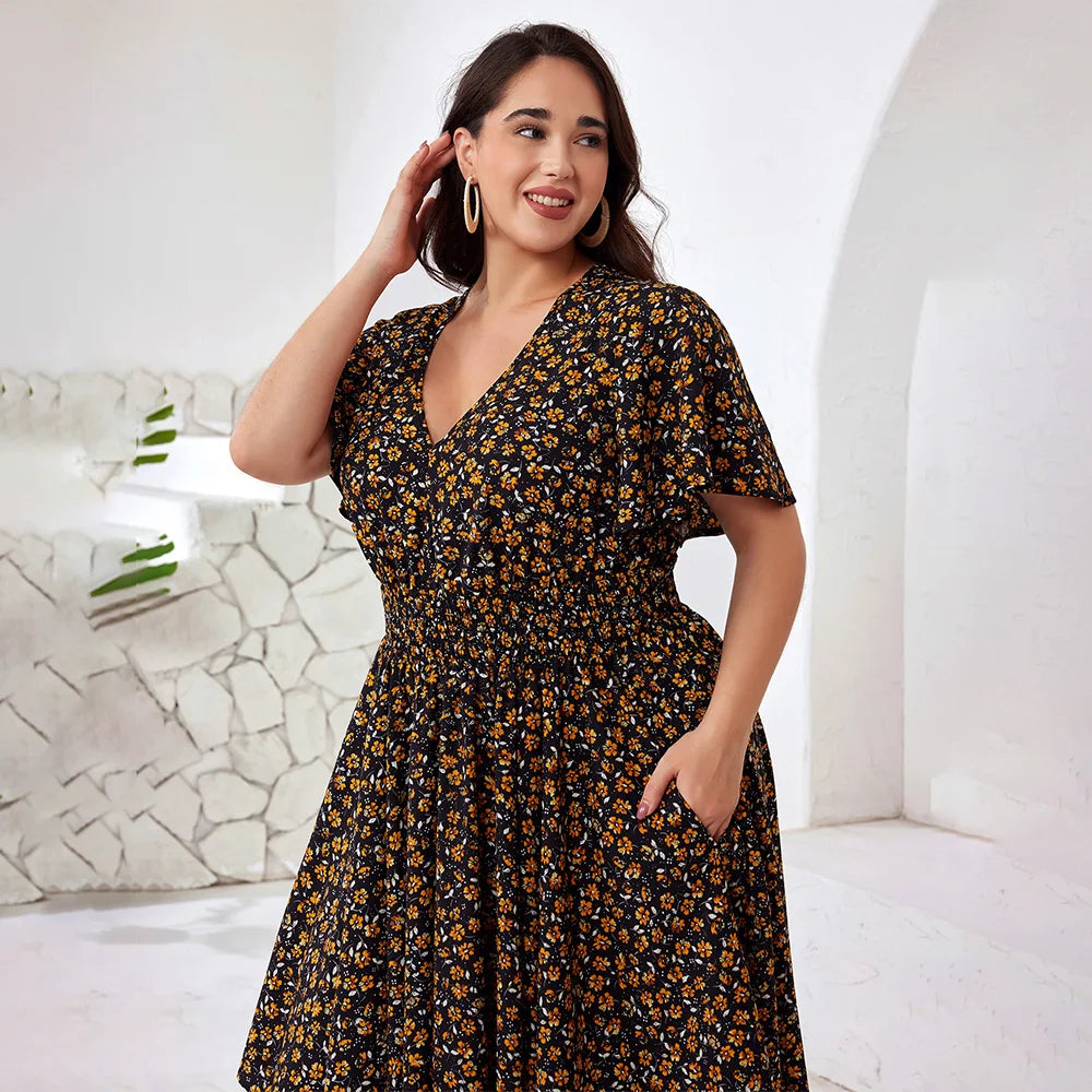 Plus Size Boho Floral Maxi Dress with Pockets